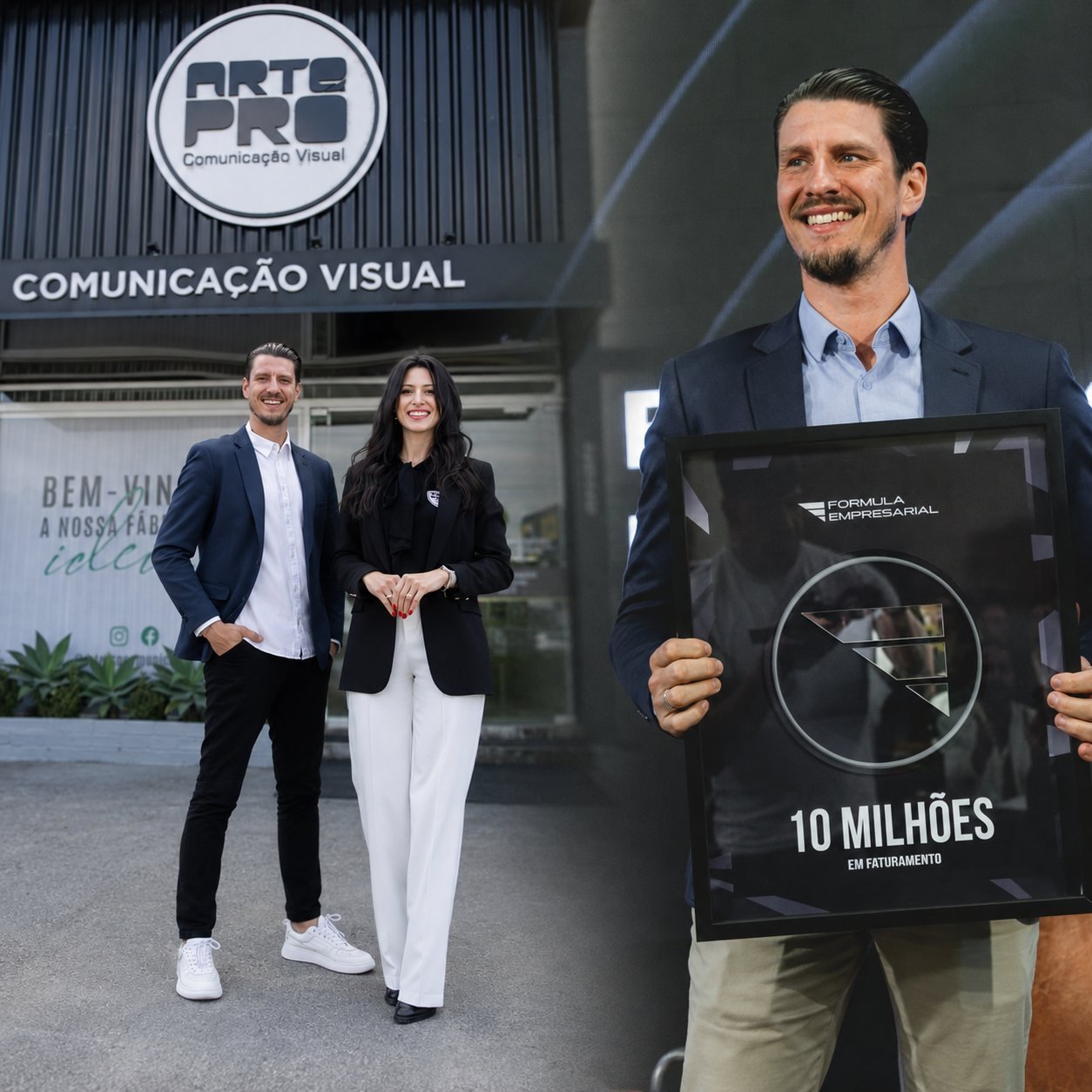 Felipe e Suellen na fachada da ArtePro, e Felipe com uma premiação